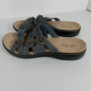 Clarks Sandals Womens 7.5 W Blue Leather Leisa Jory Slide Comfort Boho Summer